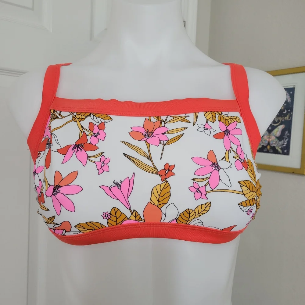 Xhilaration Boho Bikini Top Orange Vintage Flowers Cross Straps D/DD EUC - Picture 1 of 15